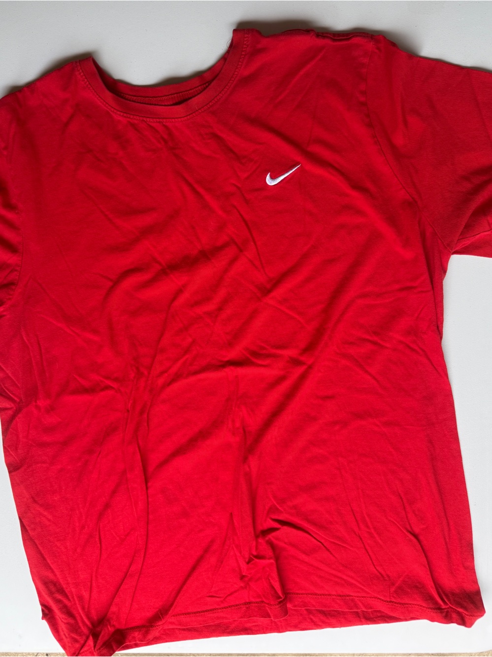 Nike Red Crew Neck Tee with White Swoosh Print